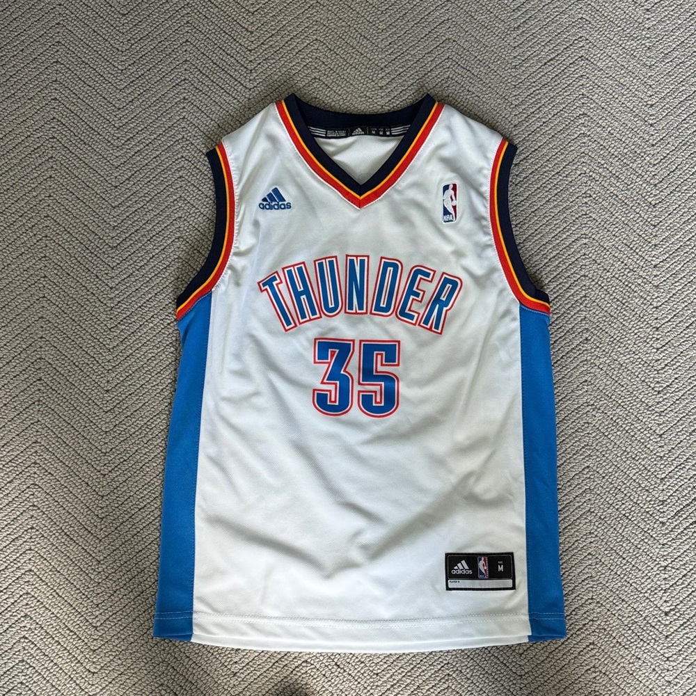 KD Adidas Thunder Jersey in White with Blue and Orange
